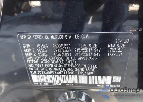 2021 Honda Hr-V 2Wd Ex from USA, damaged, VIN 3CZRU5H5XMM711940